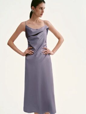 Satin Slip Midi Dress with Draped Cowl in Lavender